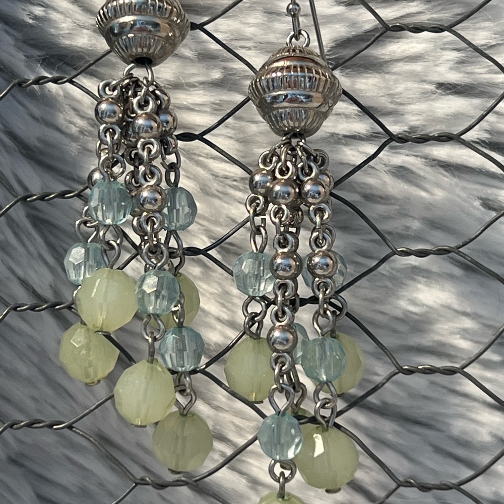 Beautiful silver tone, pale yellow green and pale blue beads earrings